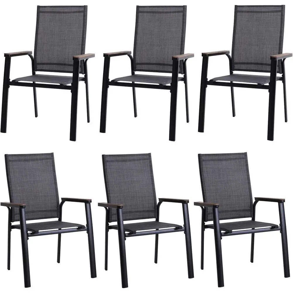 

Stackable Outdoor Patio Chairs Set of 6, Lightweight with Textilene Fabric and Wooden Armrests, High Back for Deck, Poolside, or