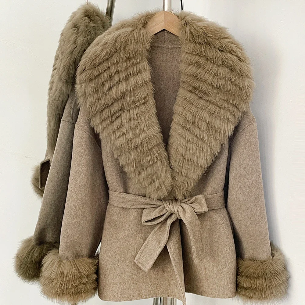 OFTBUY Neuer Damen Kurzmantel aus 100% Wolle Luxuriöse Winteroberbekleidung Übergroßer Echter Fuchspelzkragen Gürtel-Wickeljacke für Damen – Detail 28