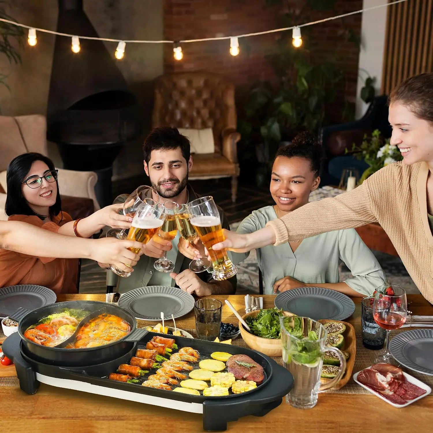 2 in 1 Electric Smokeless Hot Pot with Grill, 2200W Removable Hotpot Pot, Korean BBQ and Shabu Indoor Combo,Non-Stick Skillet