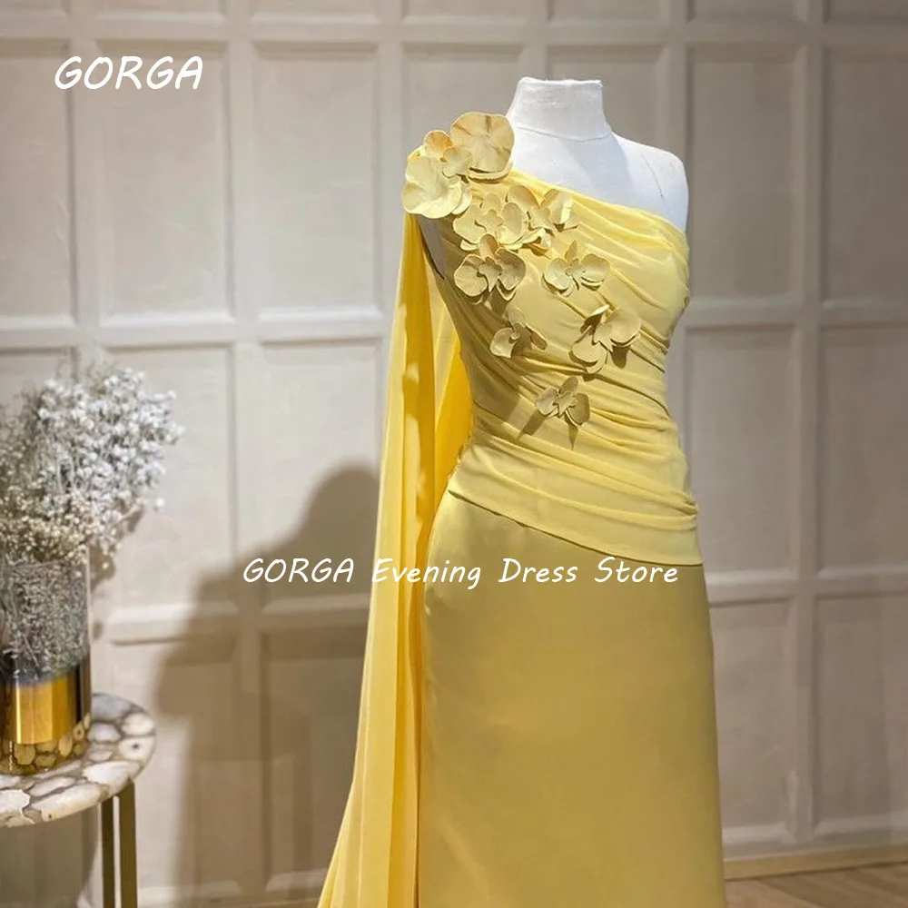 GORGA Yellow Appliques Satin Mermaid 2024 Slim One-Shoulder Appliques Long Sleeve Ocassion Gown Floor-Length Evening Dress