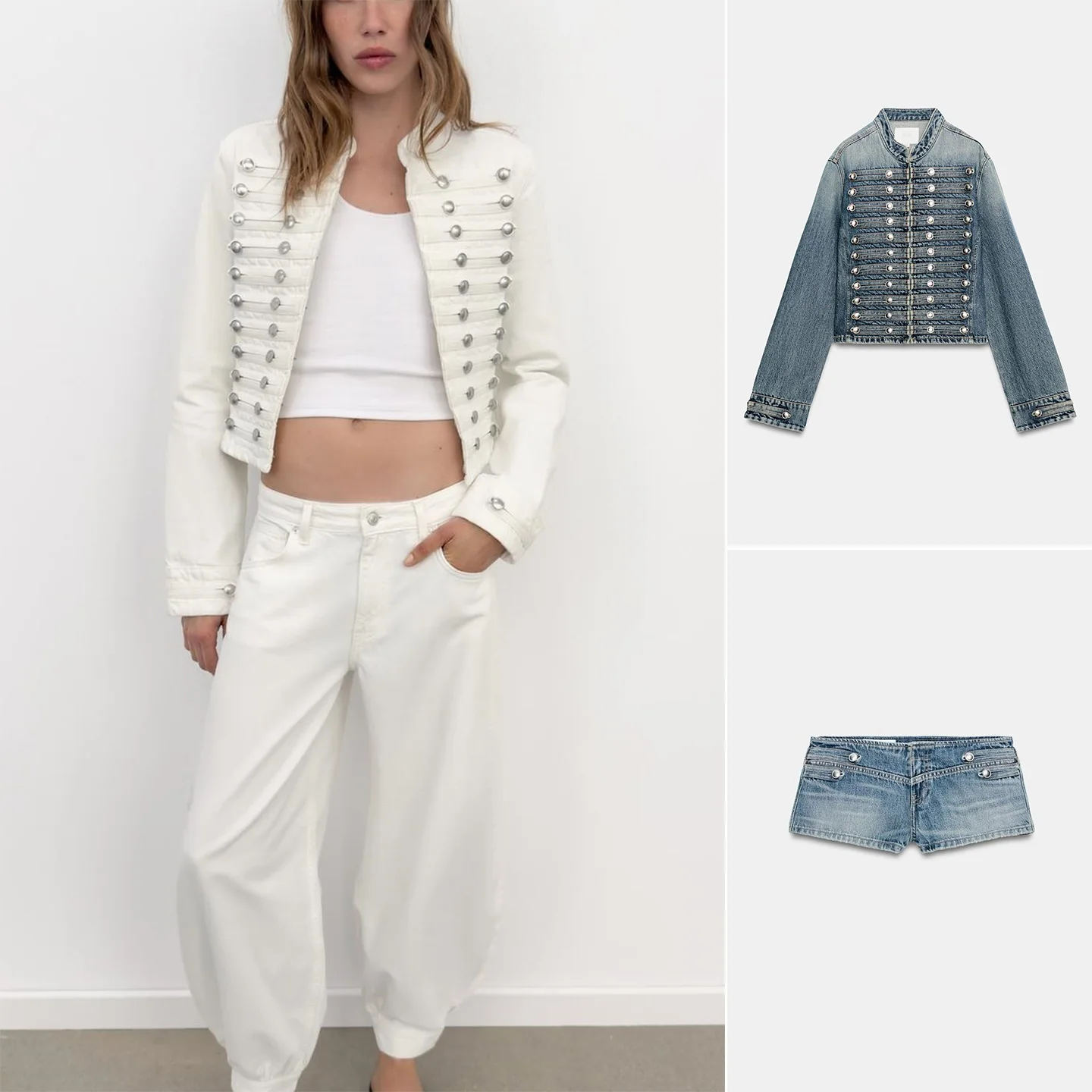

Low Waist Casual Denim Shorts And Jacket Set round Neck Long Sleeve Metal Hook Decorated Denim Jacket And Low Waist Shorts