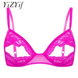 Kobiety egzotyczny otwarty biustonosz miękki Sheer sutek Split Bralette koronkowa kwiecista bielizna Femme seksowna piżama przewodowa bez podszewki Top biustonosz