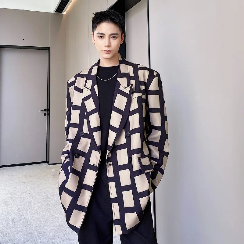 

Осенне-зимний мужской костюм в клетку, повседневный, в стиле ретро, с цветными блоками, модная верхняя одежда, с длинными рукавами, стандартный крой, с плоским воротником