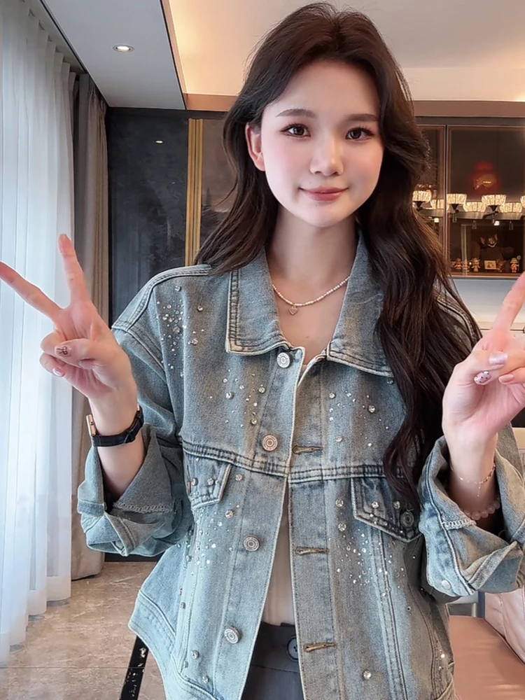 Korean Style Fashionable Heavy Rhinestone Denim Jacket Women's Spring Autumn Design Loose Versatile Jacket Top