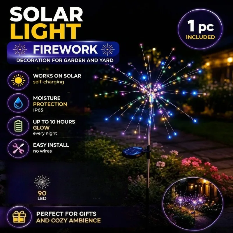 60-90LED Solar Fireworks String Lights, 8 Modes DIY Starburst Fairy Lamps, Waterproof Outdoor Garden Holiday Decorative Lights