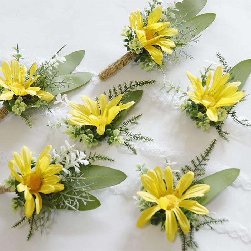 Simulado Daisy Boutonniere e pulso Corsag, Casamento Flower Art, Celebração De Negócios, Abrindo Os Convidados, 253