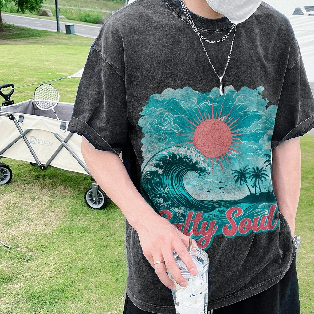 

"Salty Soul" Retro Wave & Sun Graphic, Tropical & Free - Spirited Vibe, Soft Fabric, Ideal for Casual Summer Looks T - Shirt