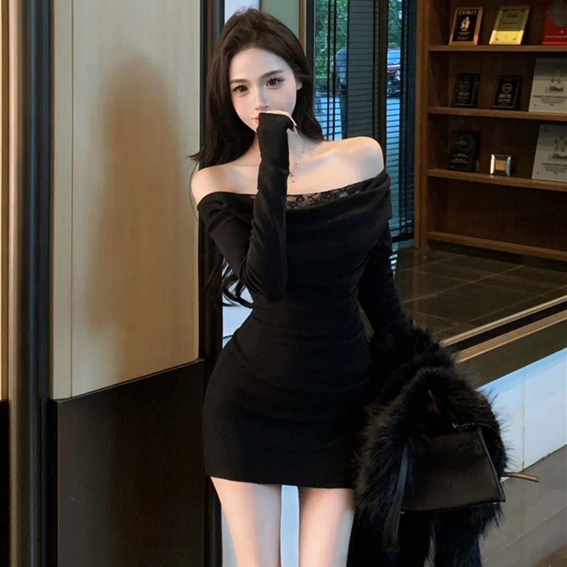 Ruffle Sleeve Long Dress Women's Autumn Winter Slim Fit Short Skirt Lace Splicing Diagonal Shoulder Elegant Collar Bodycon Dress