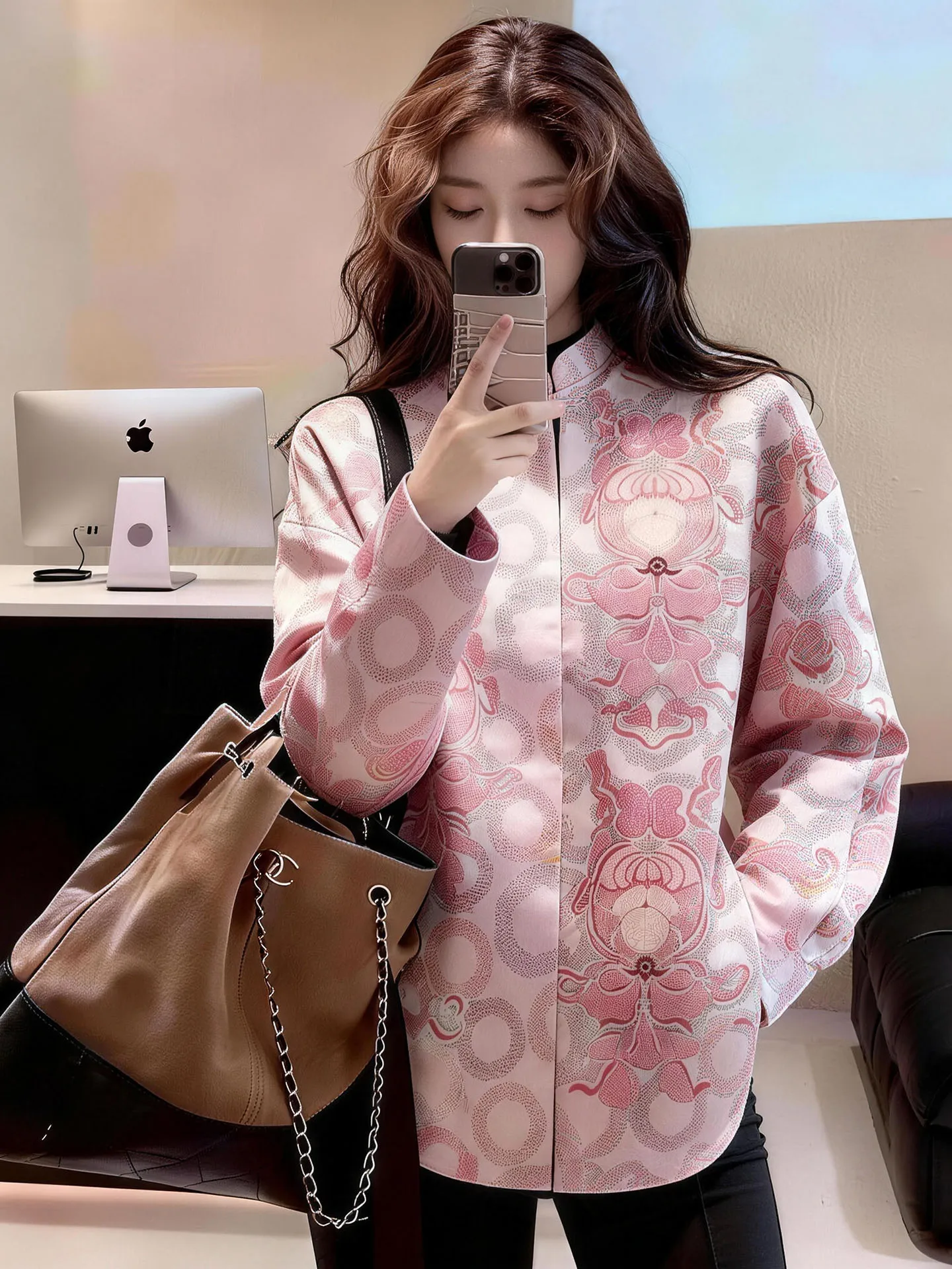 

Новая женская свободная блузка в китайском стиле с воротником-стойкой, розовый цветочный принт, весна 2026, модная универсальная повседневная блузка