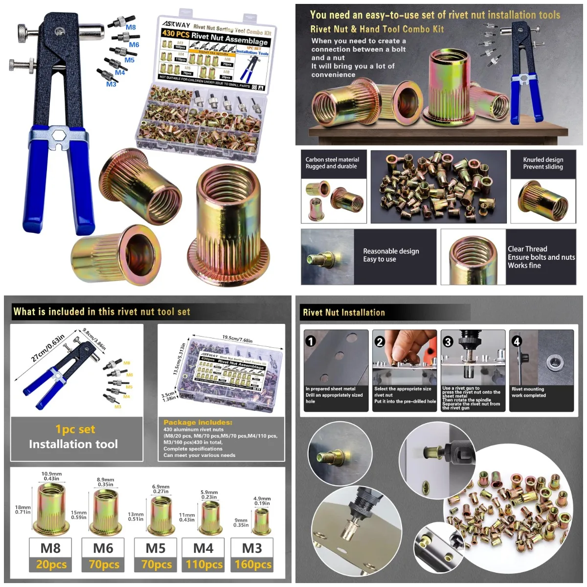 

Pressure Rivet Nut Tool Kit, 430Pcs Metric (M3-M8), Carbon Steel, for Furniture, Automotive, Marine, Industrial Use