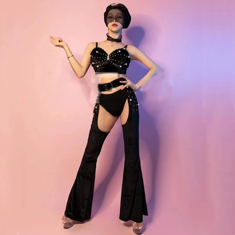 Bar Nightclub Singer DJ DS Velvet Pearls Bikini Hollow Trousers Women Jazz Dance Costume Stage Pole Dance Rave Outfit XS4911