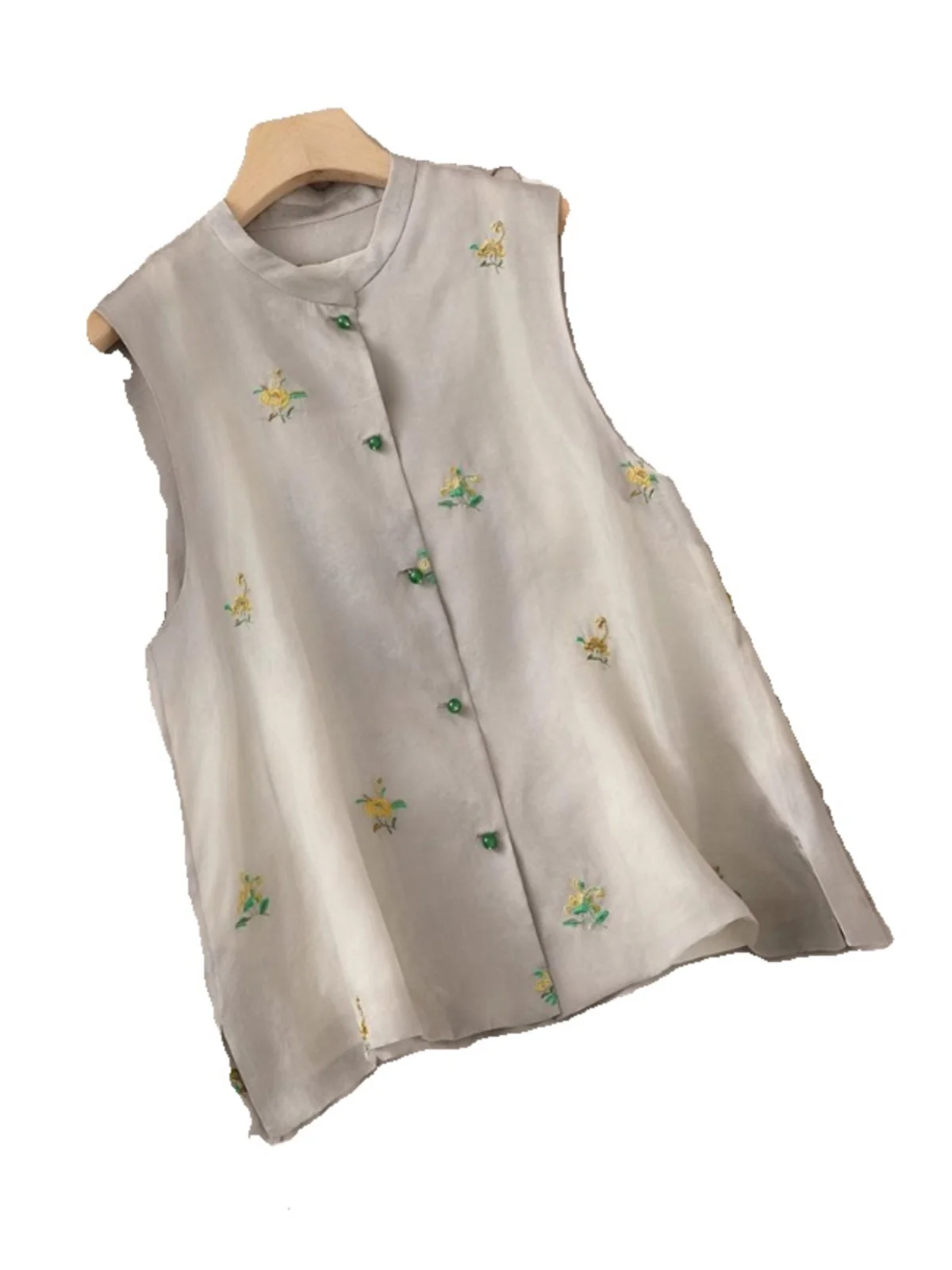New Chinese Style Women's Retro National Vest Summer High-End Grey Embroidery Shoulder Pad Stand Collar Sleeveless Top