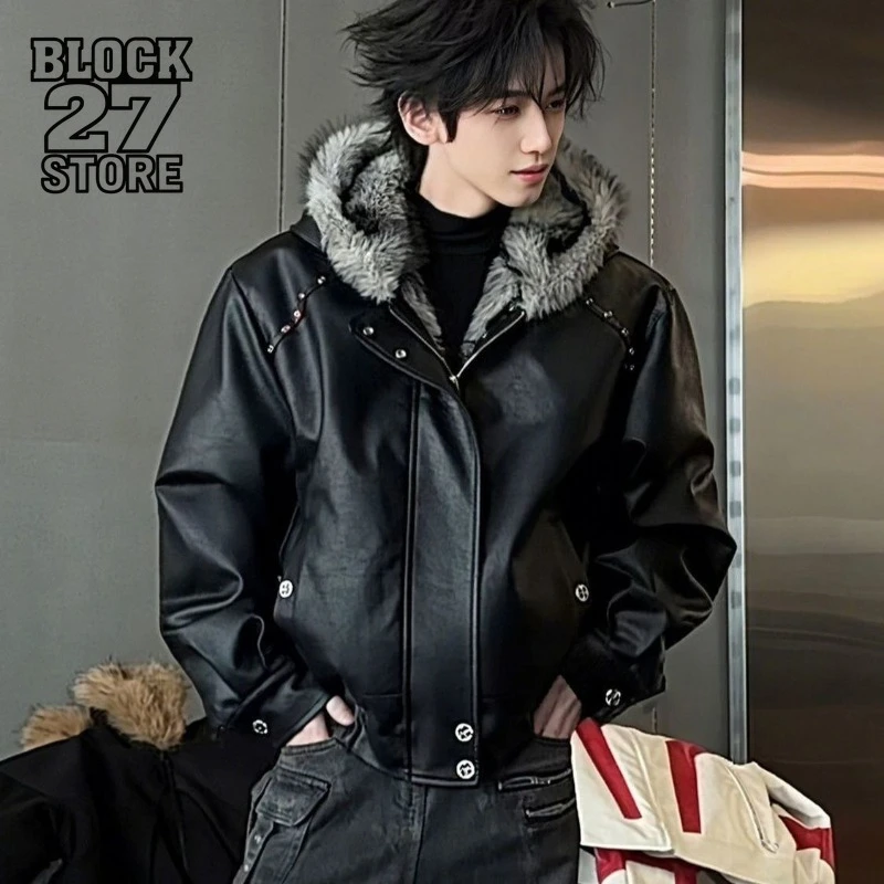 

Mens Jacket Harajuku American Deconstructed Faux Wolf Fur Hooded Cotton Coat Studded Short Leather Style Winter Warm Streetwear