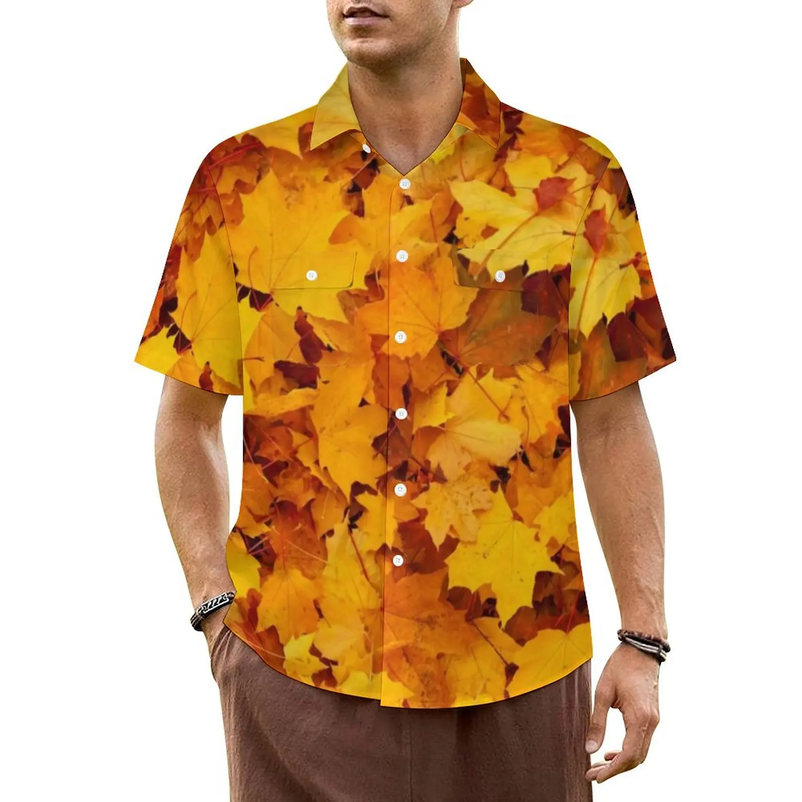 Hawaiian Shirt Autumn Leaves Design Blouses Yellow Maple Leaf Loose Casual Shirts Men Short Sleeve Streetwear Oversize Clothes