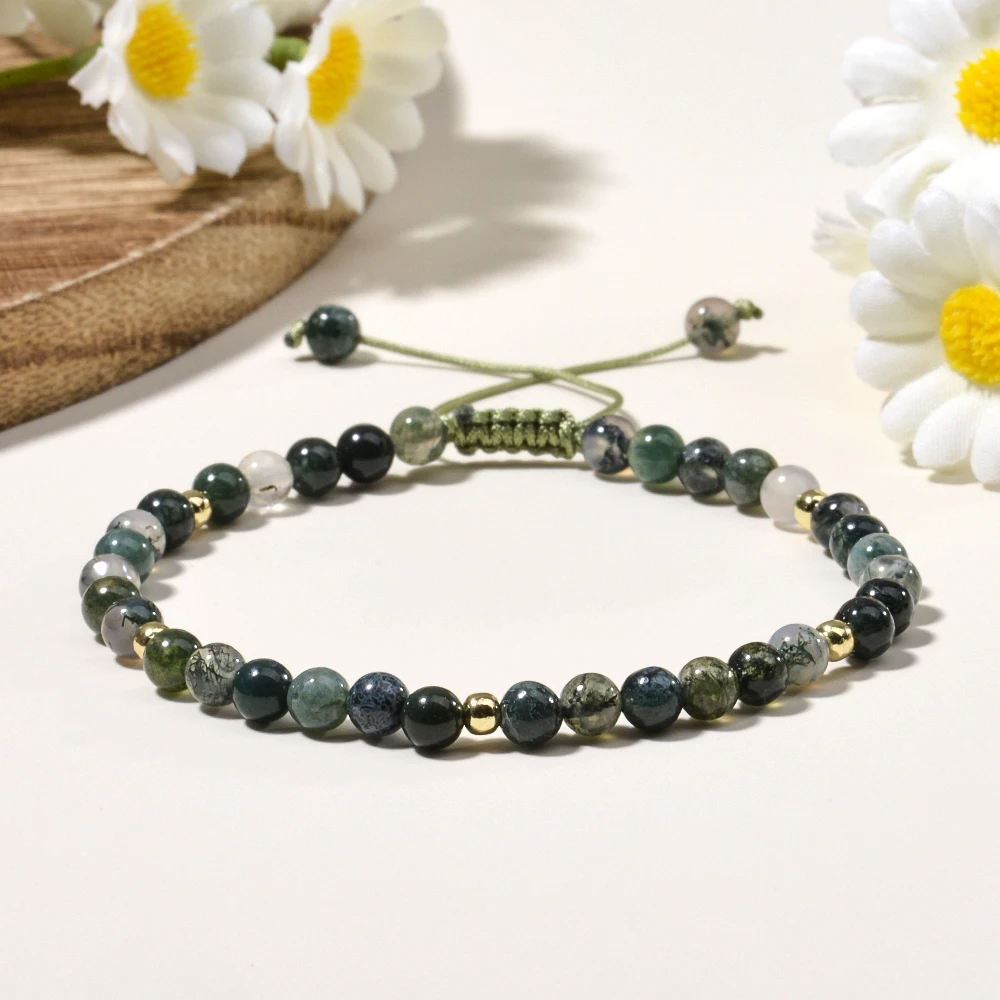 4mm Natural Stone Moss Agate and Brass Beads Braided Adjustable Bracelet for Men Women Daily Wear Gift Wholesale Jewelry