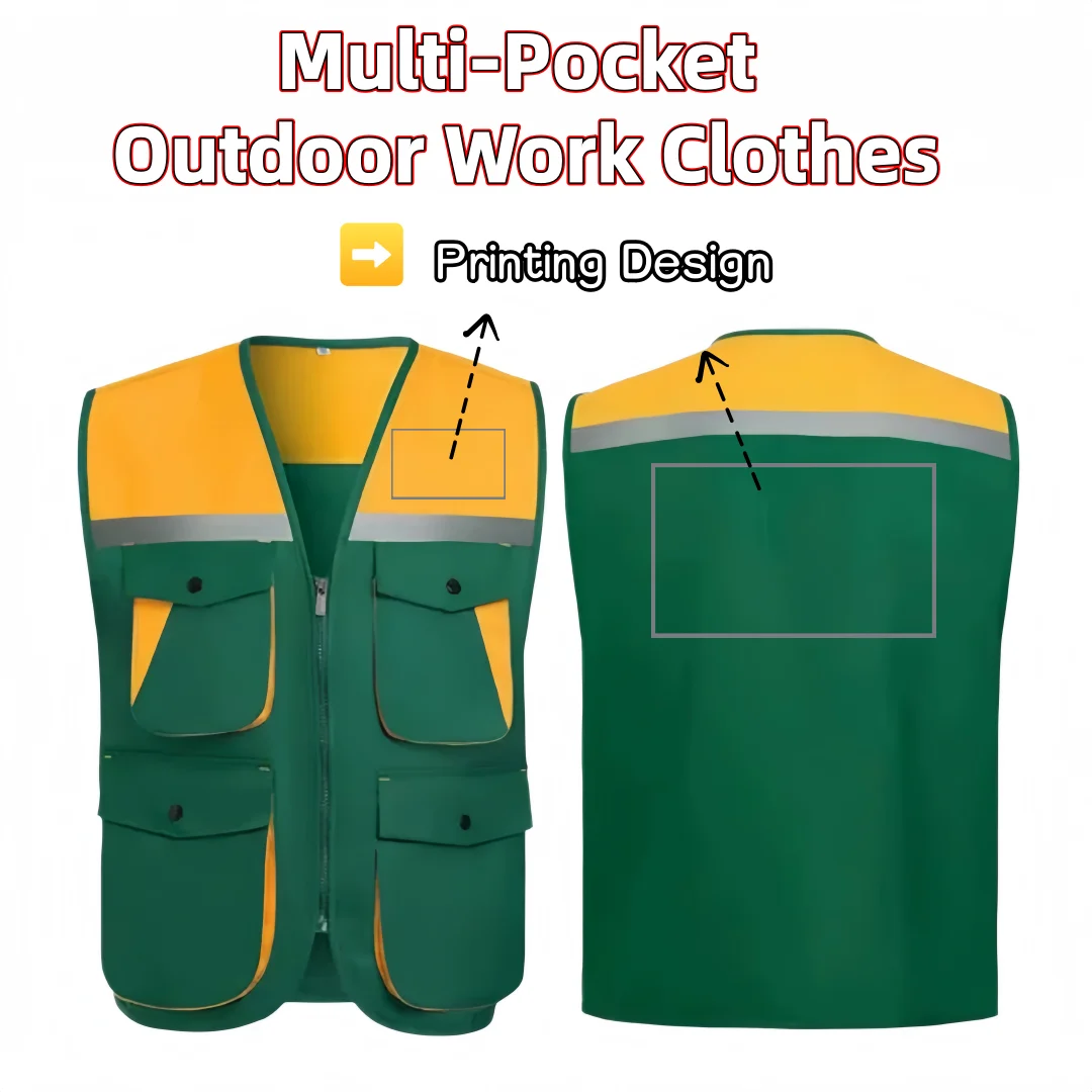 Multi-pocket Outdoor Vest with Printed Logo for Company Team Uniforms Construction Workers Repair and Cleaning Workplaces Jacket