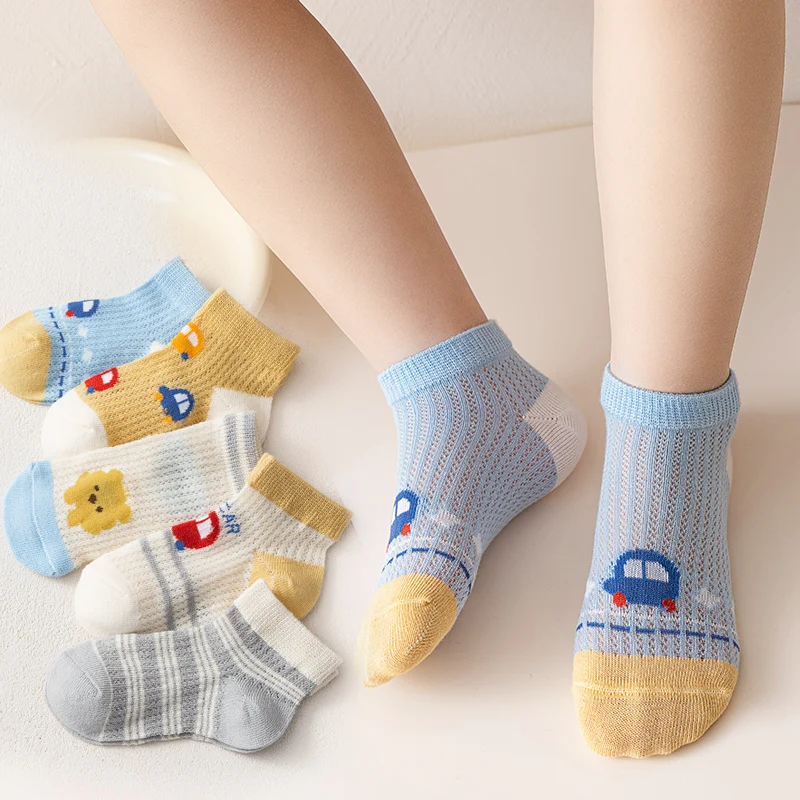 5 Pairs Kids Summer Mesh Socks Cute Car Bear Print Short Socks Breathable Cotton Anti-slip Toddler Socks for Boys