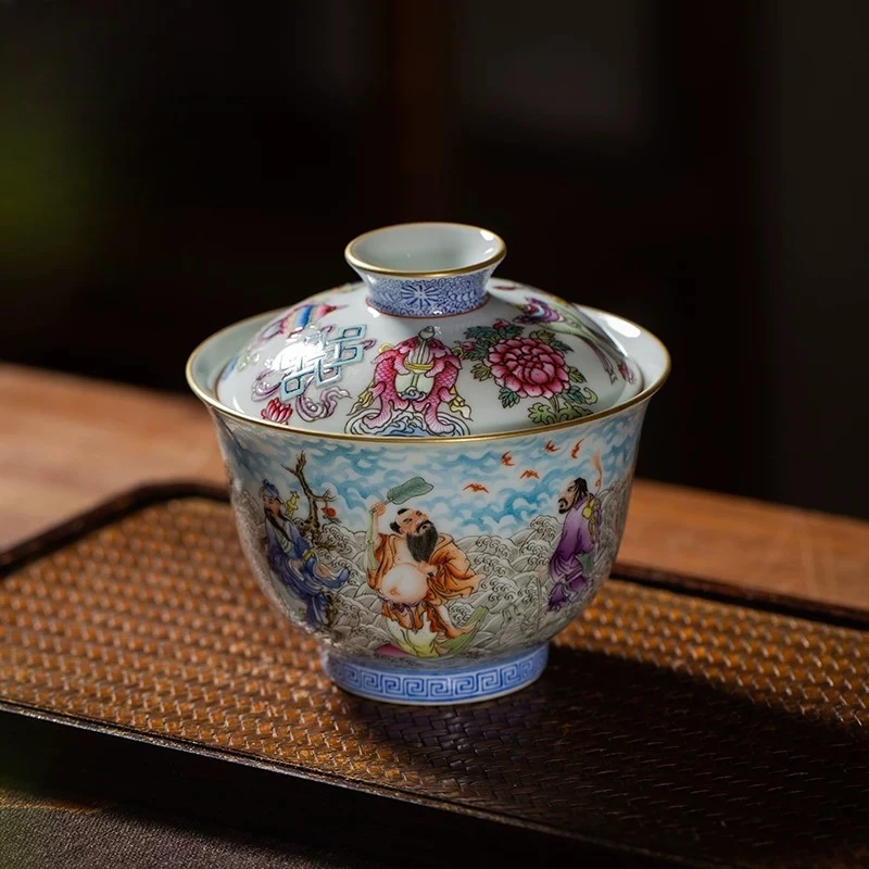 Gaiwan Teacup Ceramic Ercai Gaiwan Single High-end Enamel Color Eight Immortals Crossing the Sea Tea Bowl