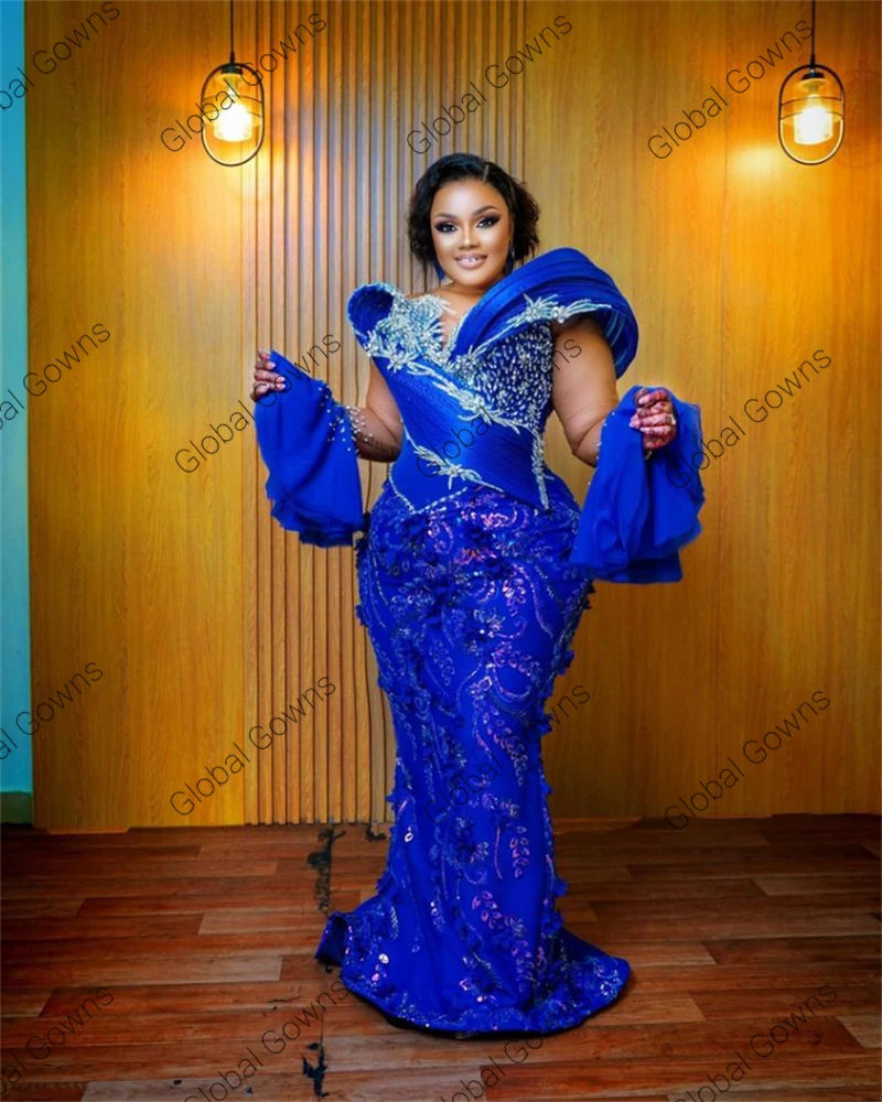 Aso Ebi Royal Blue O N Evening Dress Black Girl Bead Crystal Birthday Party Dresses Luxury Flower Wedding Prom Gown Customized