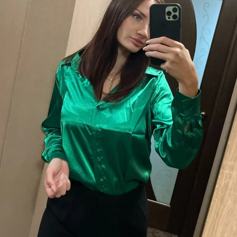 New Casual Long Sleeve Satin Blouse Women Vintage Loose Satin Shirt Women  Loose Button Up Female Shirts Elegant Tops New Blusas