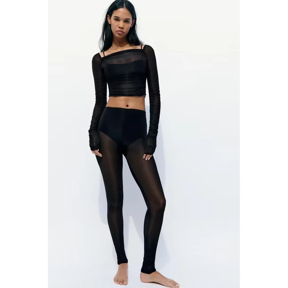 Early Autumn New Arrival Women's Fashionable Short Sleeve T-Shirt Semi-Transparent Versatile ZR Style Polyester Long Sleeve