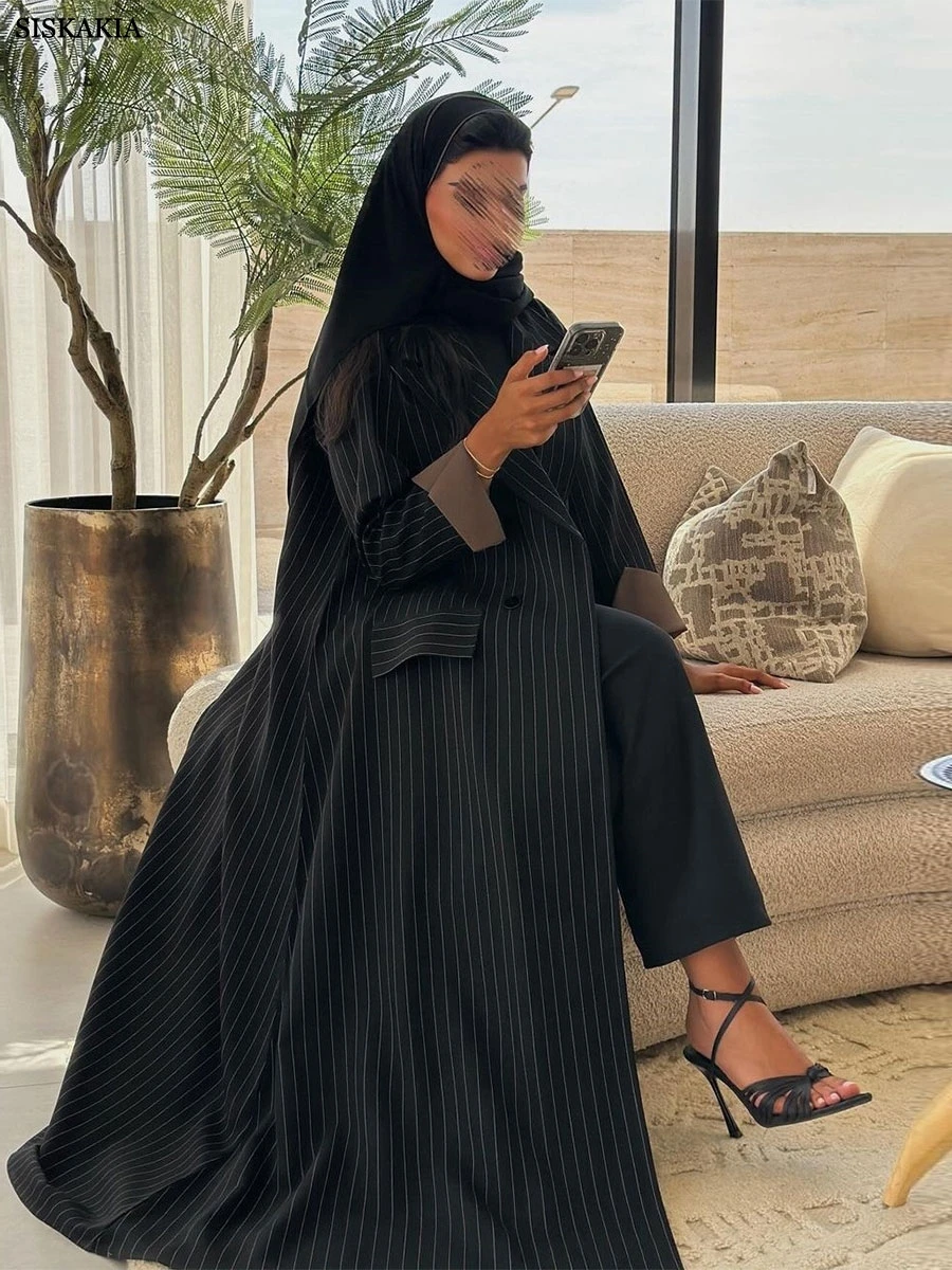 Siskakia Ramadan Muslim Women's Striped stylish Open abaya Elegant Casual Dresses Dubai Folds Sleeve Kaftan