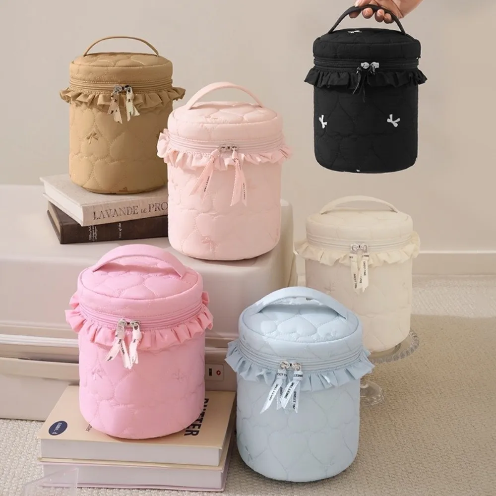 Love Pattern Cosmetic Organizer Bag Large Capacity Cylindrical Shape Toiletries Bag Candy-Colored Zipper Closure Wash Pouch