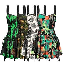 ROSEGAL Plus Size Gothic 3D Printed Lace Up Backless Tank Dresses XS-3XL Women Spring Summer Graphic Casual Dress Mini Vestidos