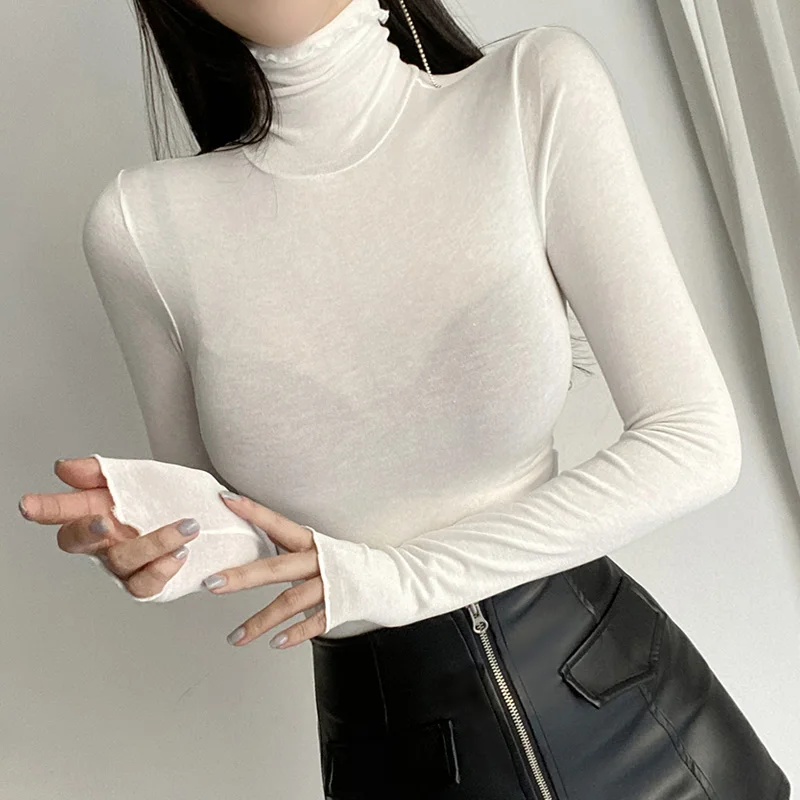 Klassische Feste Lange Hülse Dünne T-shirt Frauen Frühling Dünne Bequeme Rollkragen T-shirts Sexy Vielseitig Rüschen Rand Basis Schicht Top