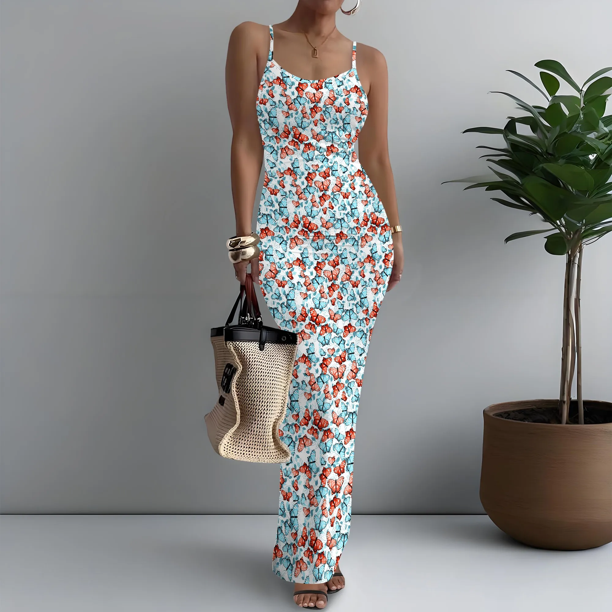 

Women's Spaghetti Strap Maxi Dress Vibrant Butterfly Print Y2K Sexy XS-3XL
