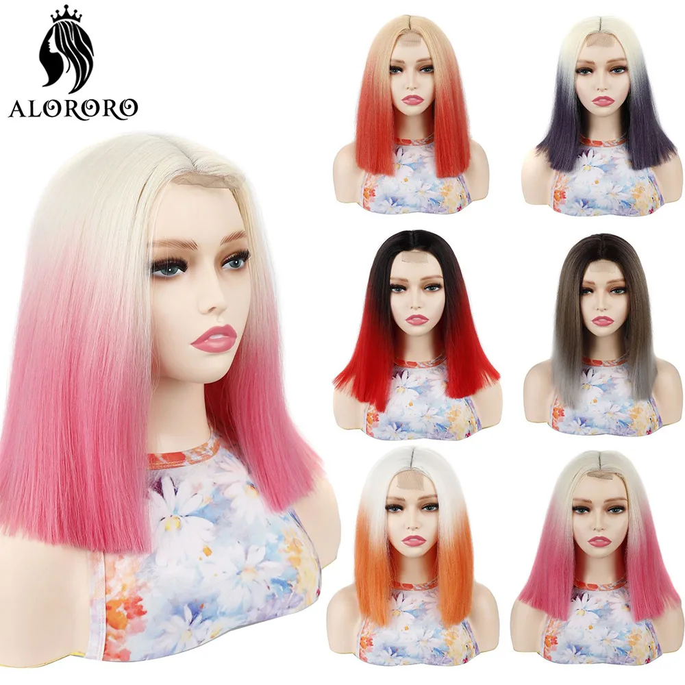 

Synthetic Short Wig Straight Pink Gradient Color Women Natural Wig With Bangs for Daily Party Cosplay Heat Resistant Fake Hairs