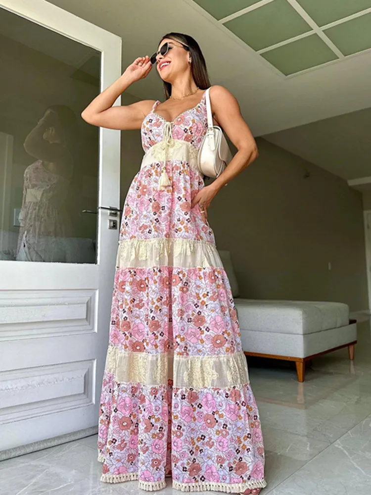 BKLD 2025 新しい夏のファッションプリント花柄ドレスレースアップノースリーブ V ネックセクシーなビーチパーティーパッチワーク中空アウトロングドレス