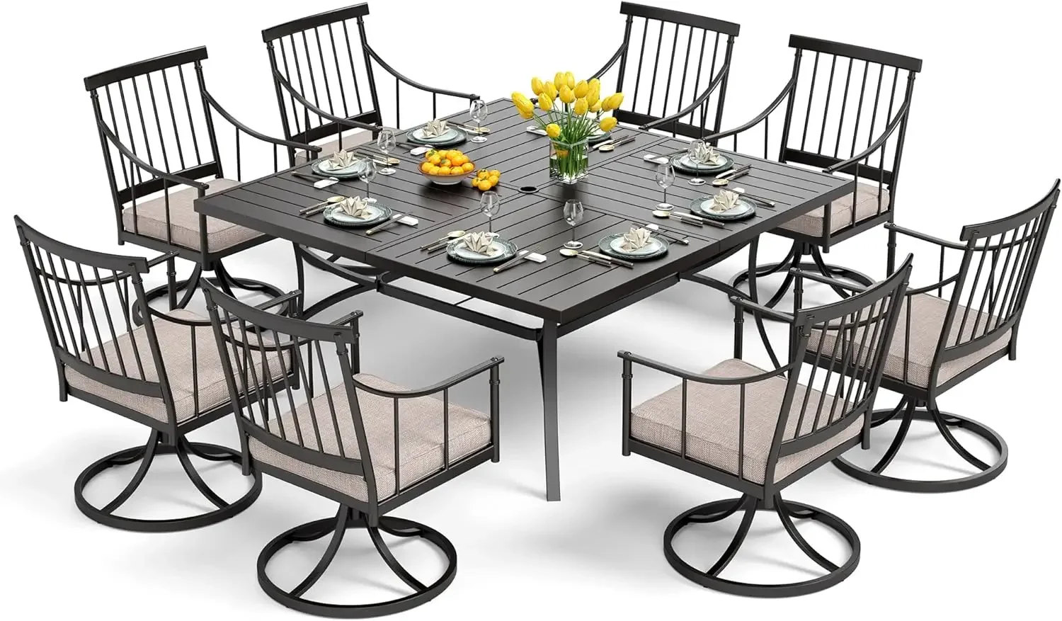 9 Pieces Outdoor Dining Table Set for 8, 60” Square Wrought Iron Table & Heavy-Duty Steel Swivel Chairs