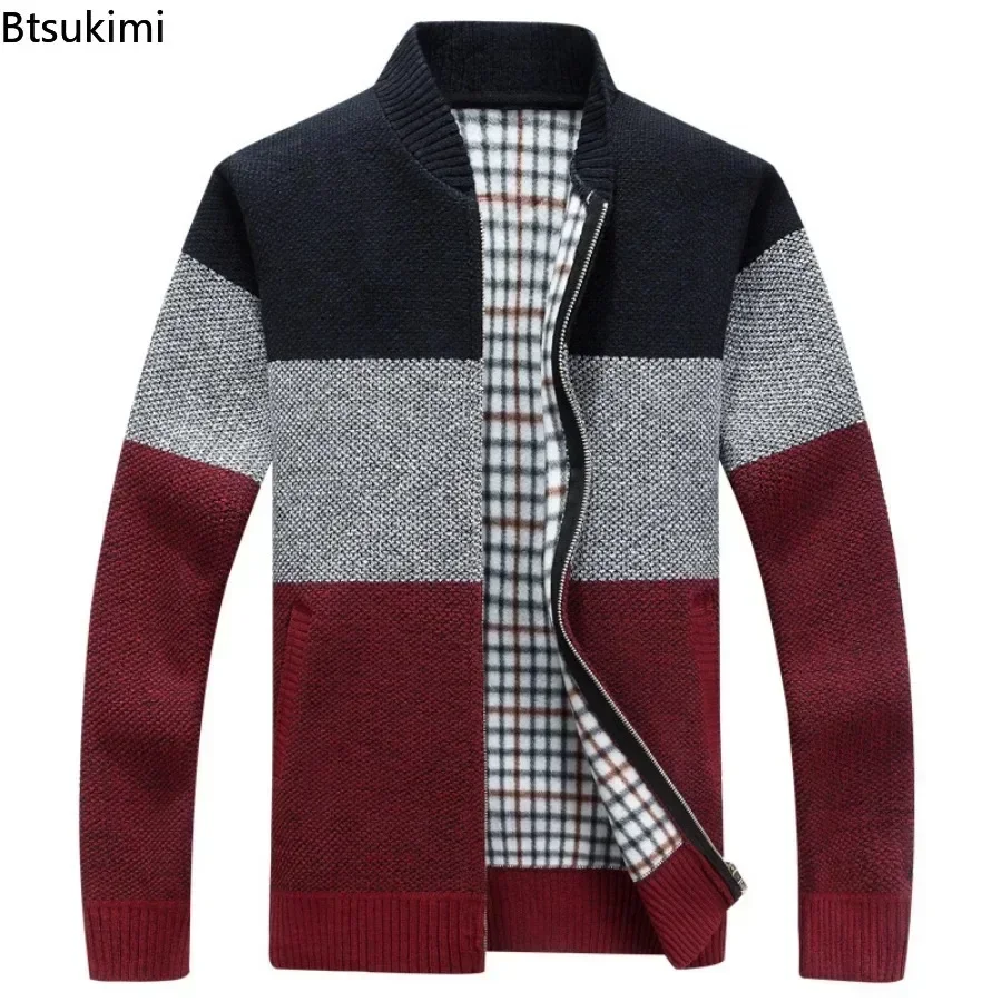 Autumn Winter Men\'s Fleece Knitted Sweater Coats Fashion Contrast Color Stand Collar Zip Cardigan Jacket Male Thick Warm Sweater