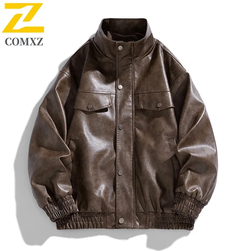 

COMXZ Men Autumn Leather Jacket 2025 American Style Lightweight Motorcycle Jackets Casual Travel Wind Resistant Durable Coats