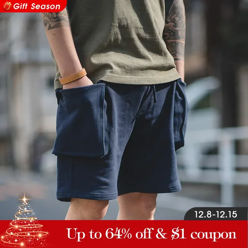 Maden Navy Blue P44 Cargo Joggers Shorts Men Loose Cotton Large Pocket Work Tactical Short Pants Amekaji Casual Knitted Shorts