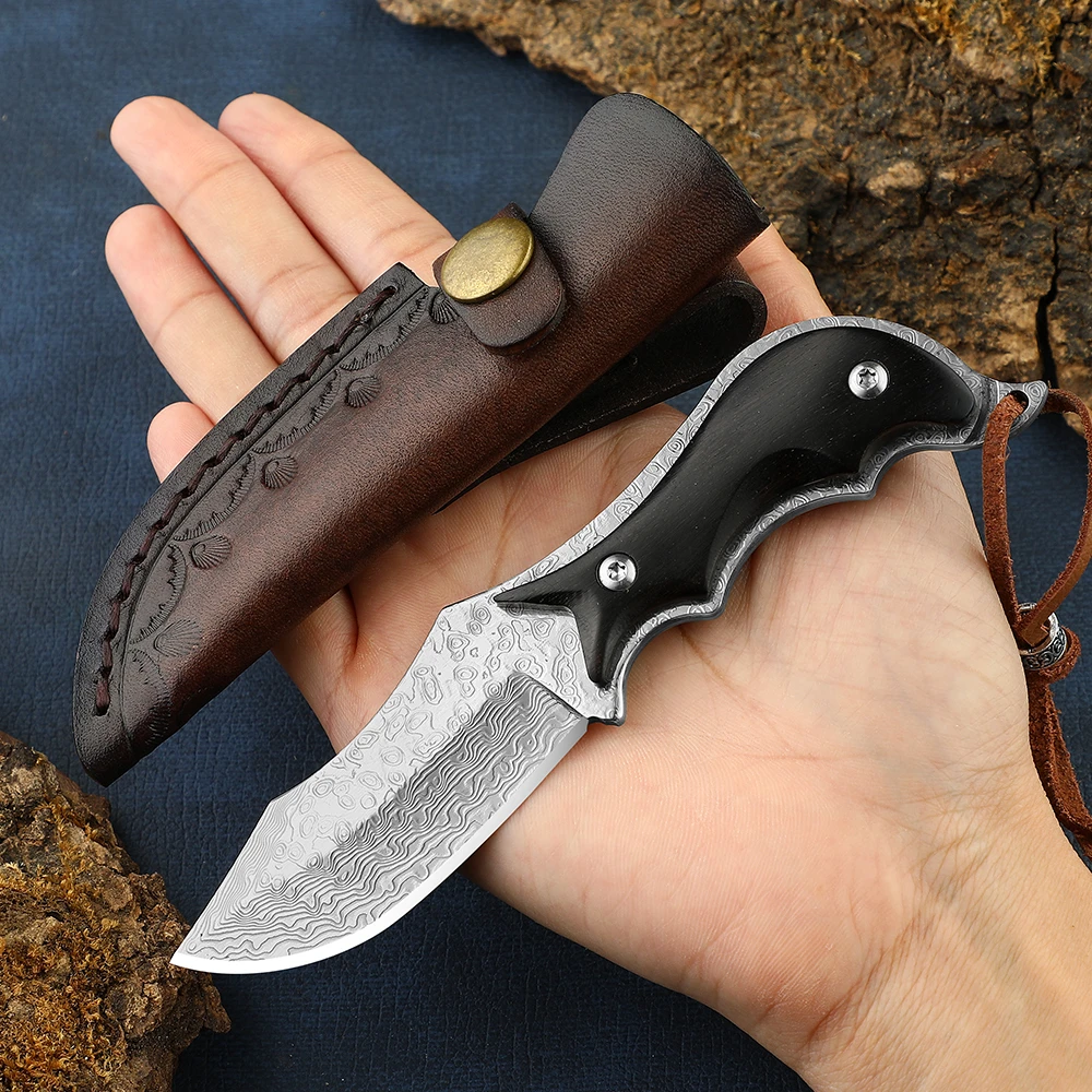 

Damascus Knife, High Hardness Sharp Pocket Knife, Leather Sheath, Camping Knife, Fishing Knife T