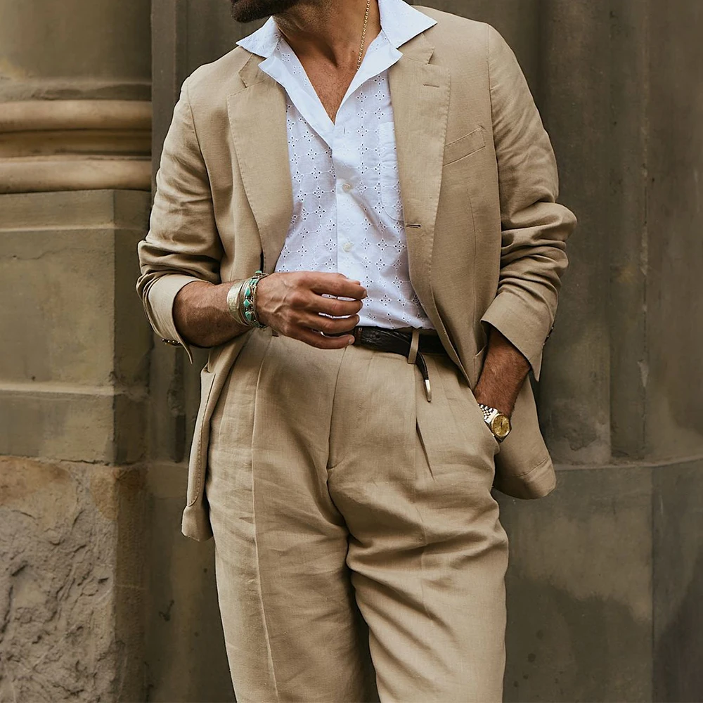 

Men Suit 2 Piece Set Cotton Linen Single Breasted Slim Fit Comfortable Business Suits Elegant Casual Blazer Pants Office Wedding