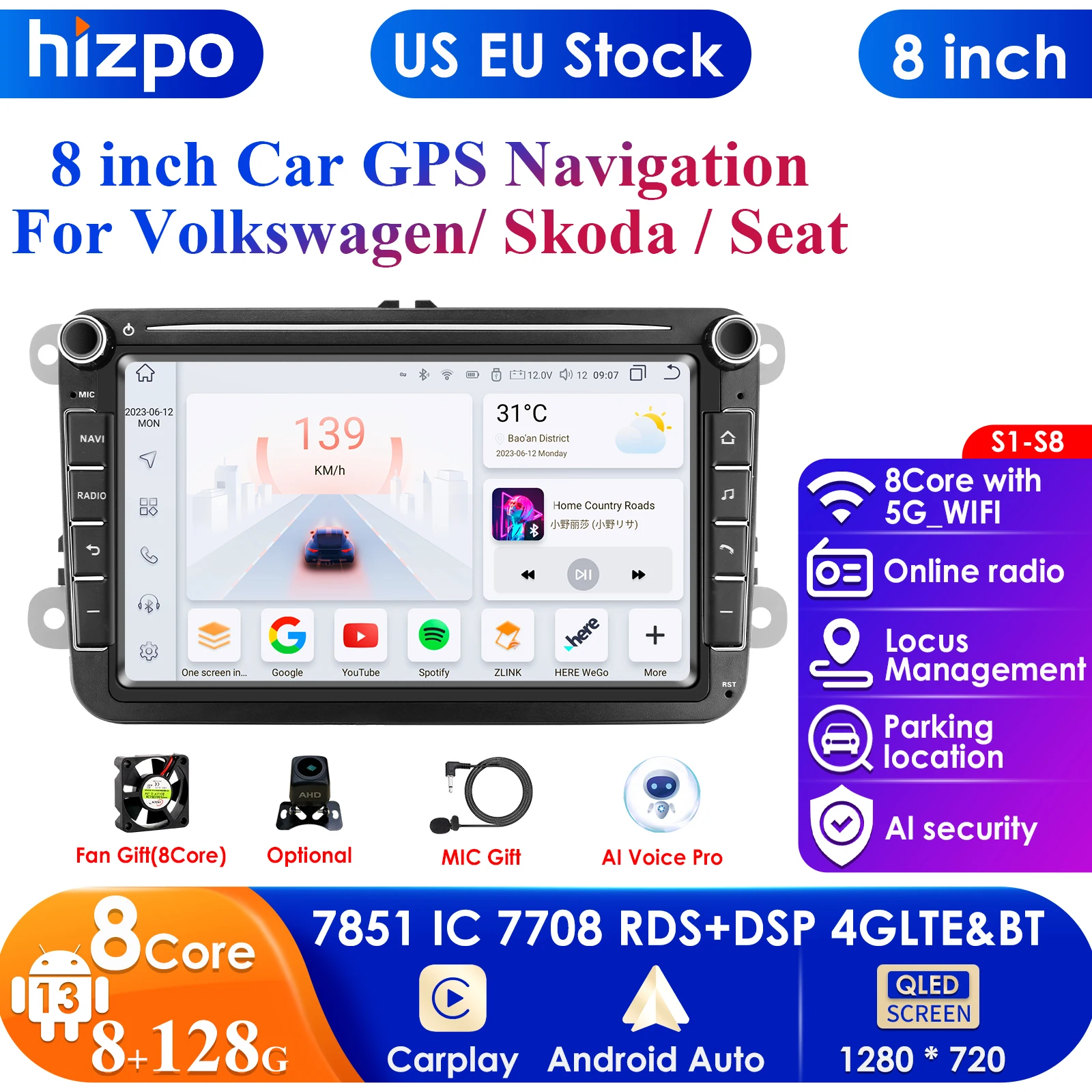 8'' 2Din Car Radio Android 13 for Volkswagen Golf 5 6 Polo Passat B6 B7 CC Skoda Jetta Universal Muiltmedia Carplay 4G Wifi GPS