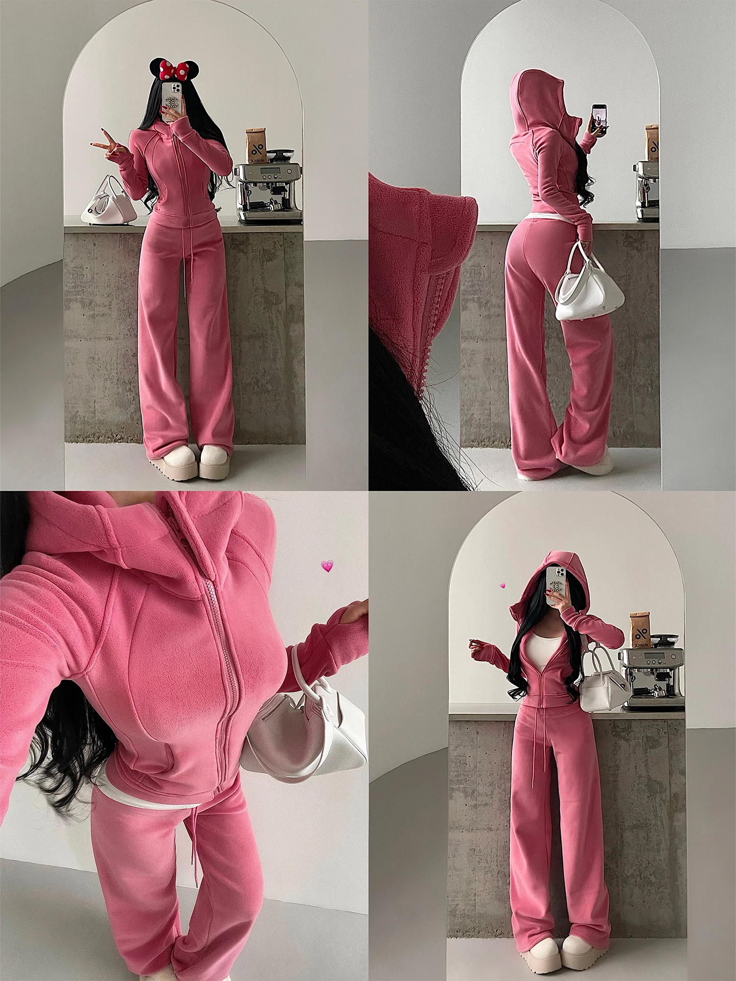 

Thickened Warmth Zipper Hooded Open Cardigan Jacket High Waist Long Pants Two-Piece Set for Young Girls Winter Fashion Ensemble