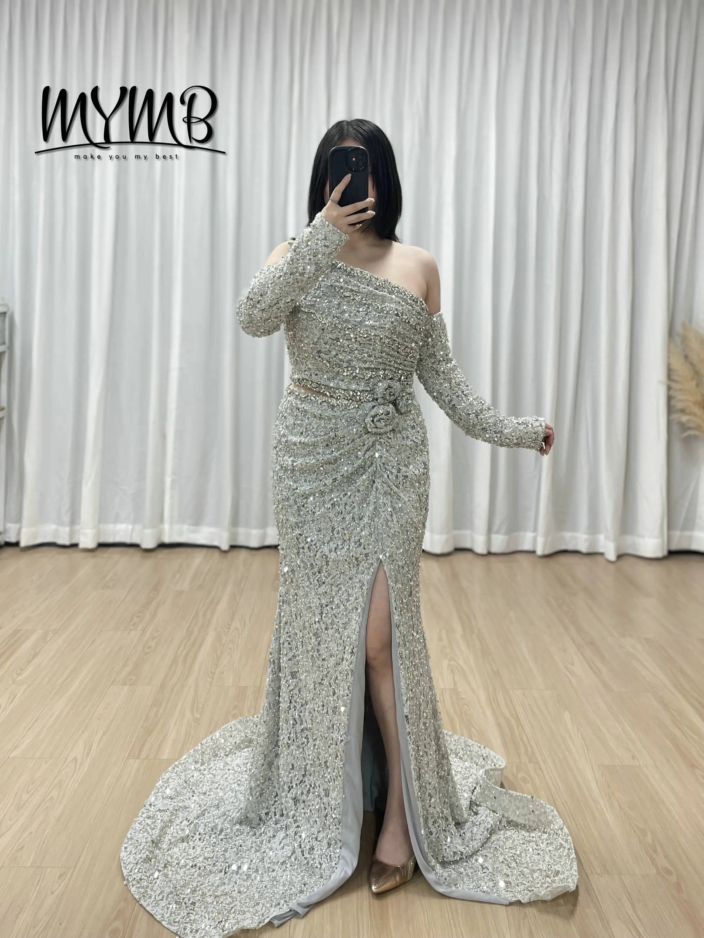 

MYMB Elegant Dresses Women Lady Luxury Crystal Beaded High Side Split Long Sleeve Evening Dresses Party Gowns for Women MY30189