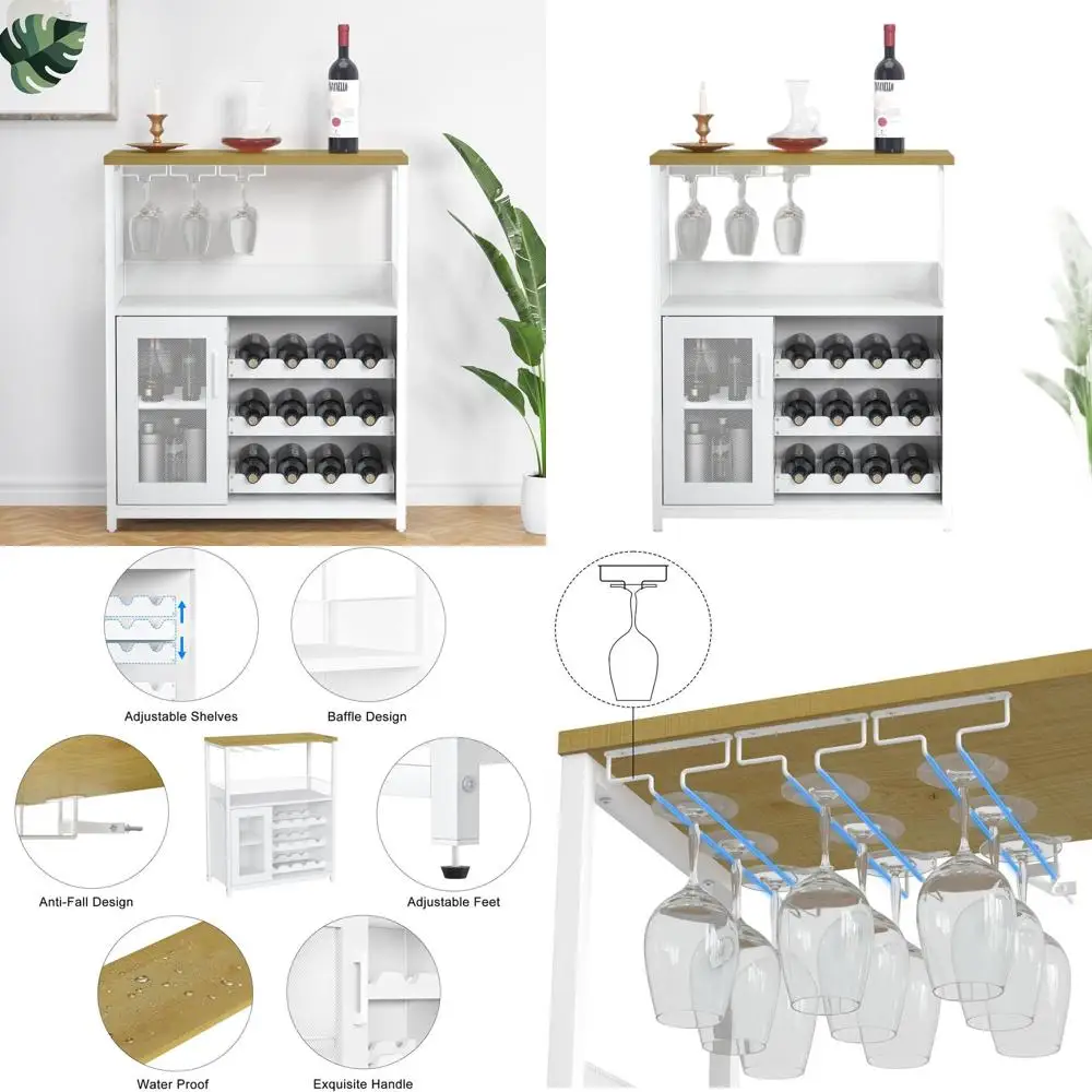 

White Wine Bar Cabinet with Storage, Detachable Rack, and Glass Holder