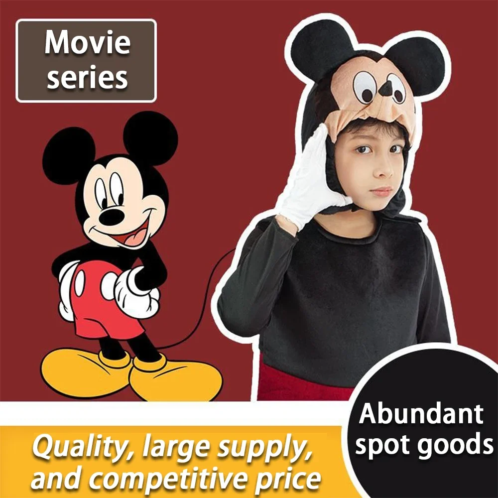 クラシックなミッキー風フルコスプレセット、象徴的な赤いショートパンツ、大きなボタン、白い手袋、耳、フード、コンベンション、パーティー、パフォーマンス用