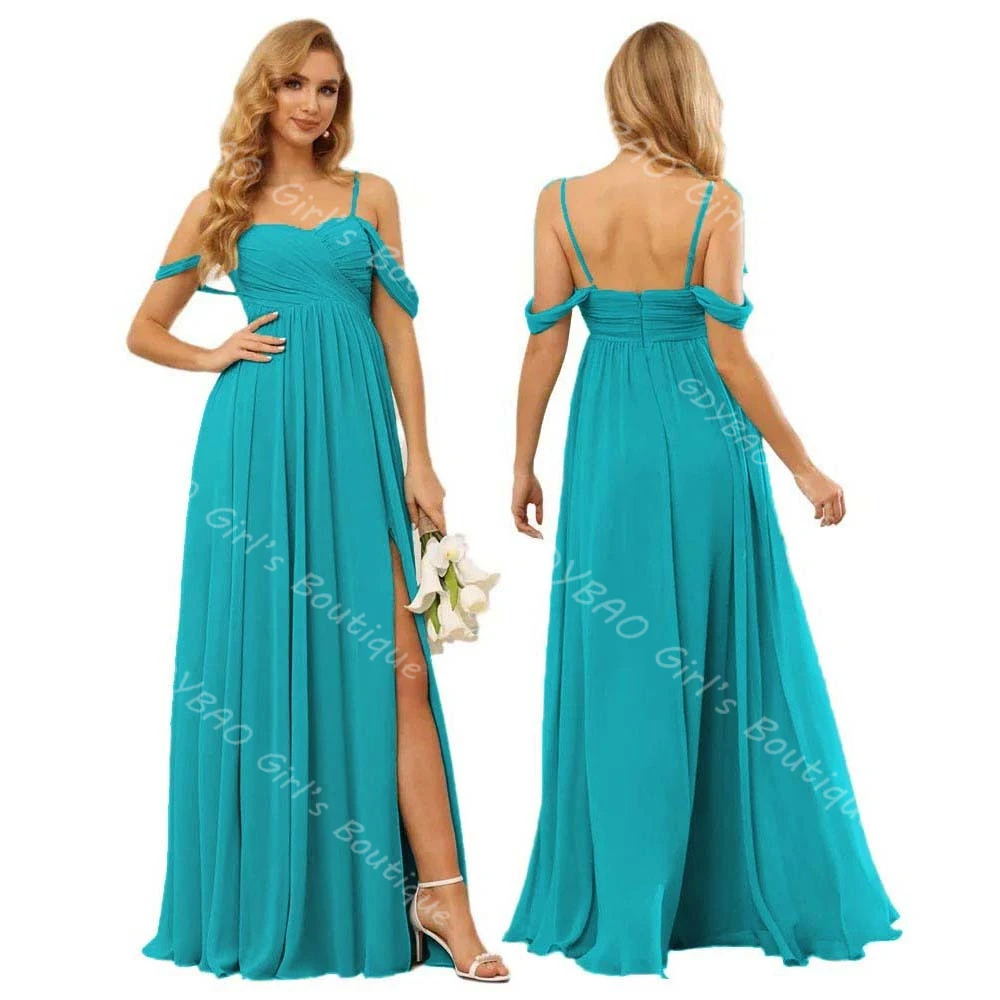 

Women’s Chiffon Pleated Bridesmaid Dress A-line Drop Shoulder Wedding Party Gowns With Slit Long Custom Prom Dress Evening Gown