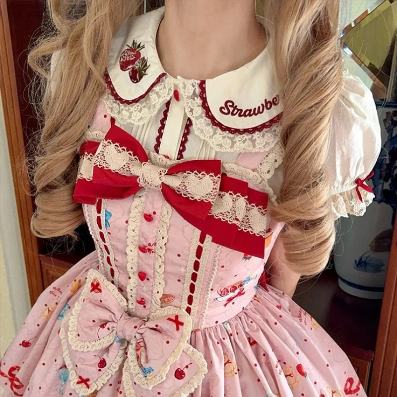 

Японская рубашка Kawaii Lolita, женская рубашка с милым бантом, клубничная вышивка, кружево, воротник Питера Пэна, блузки принцессы, женские топы Y2k, Blusas
