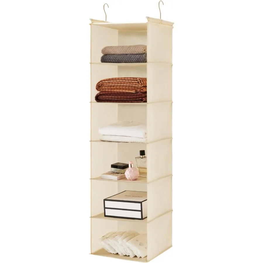 

6 Tier Shelf Hanging Closet Organizer Cloth Hanging Shelf with 2 Sturdy Hooks for Storage Foldable Beige