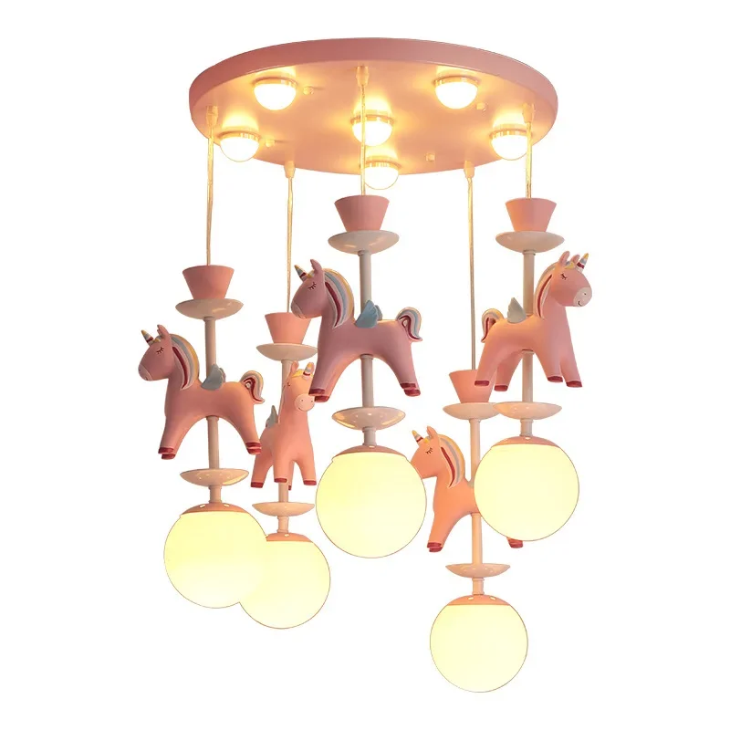 

Creative Children's Room Chandelier Cartoon Unicorn Carousel Chandelier Nordic Boys And Girls Bedroom Room Lamp