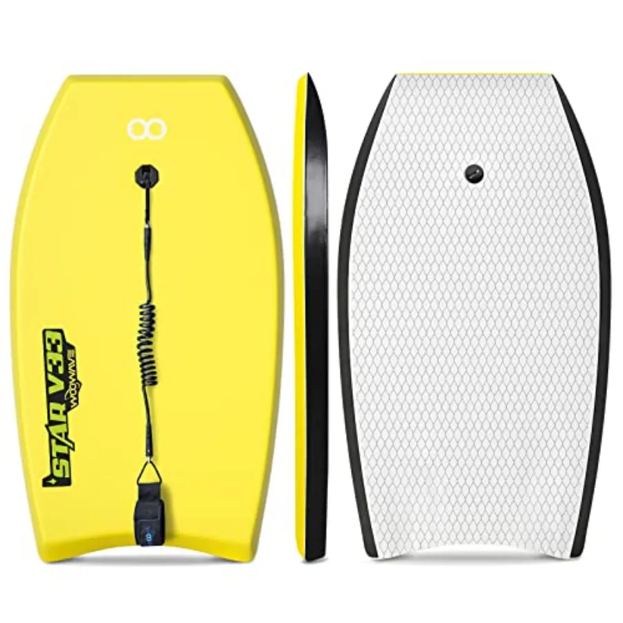 

Bodyboard for kids teens and adults, IXPE foam, blue, super lightweight EPS core with HDPE slick bottom and coiled wrist leash