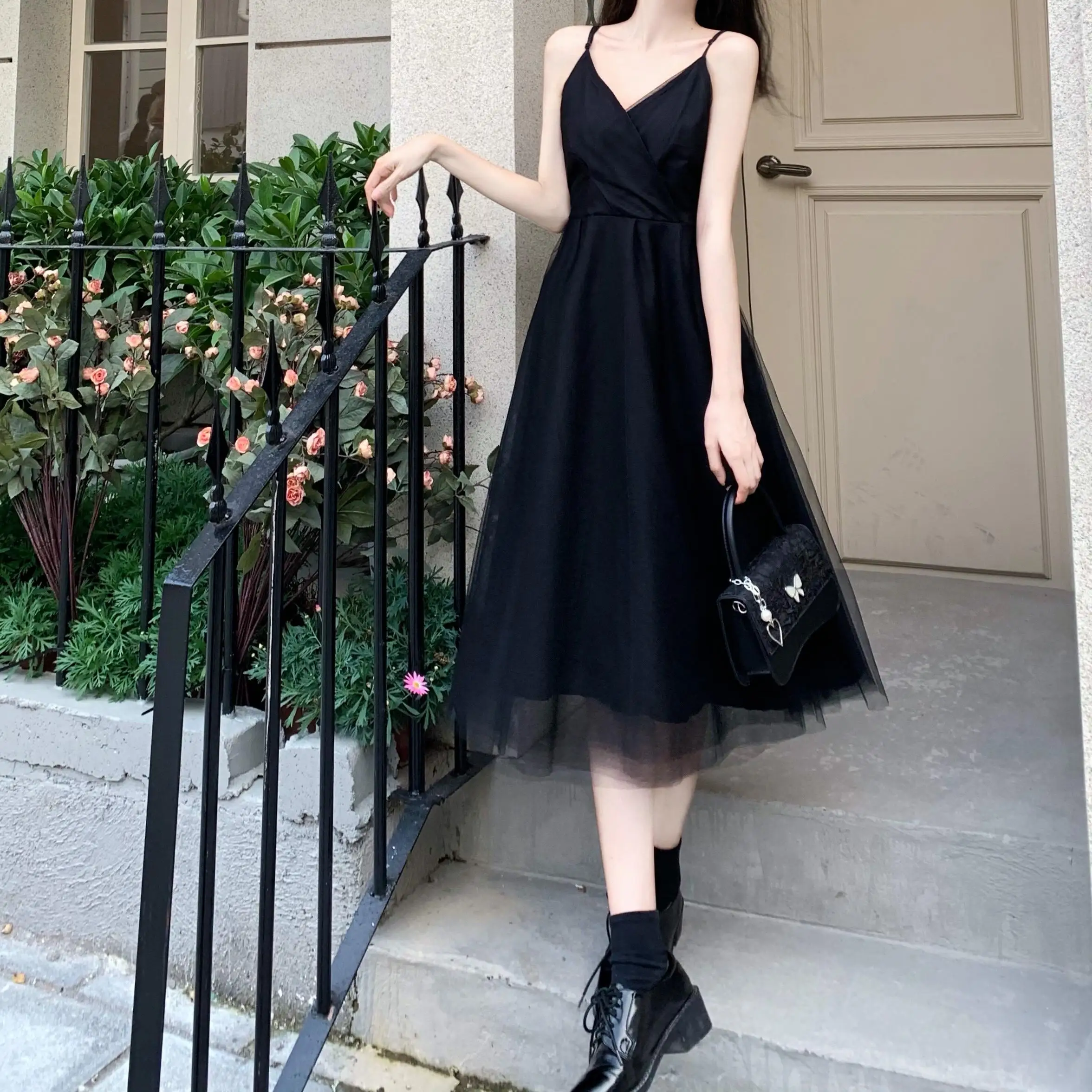 Sleeveless Midi Dress Women Mesh Black Vestidos New Backless A-line Temper Tender Spring All-match Age-reducing Patchwork Chic