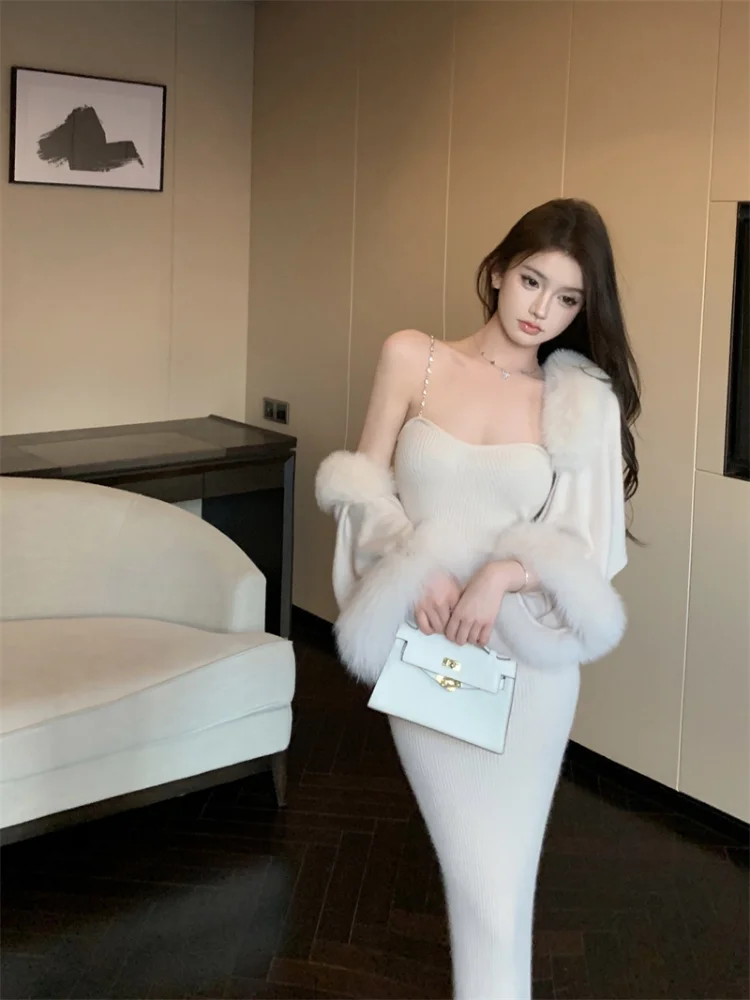 Korean Version of the 2024fall and Winter Women\'s Fashion Temperament Shawl Knitted Jacket Sexy Chain Halter Dress Two-piece Set